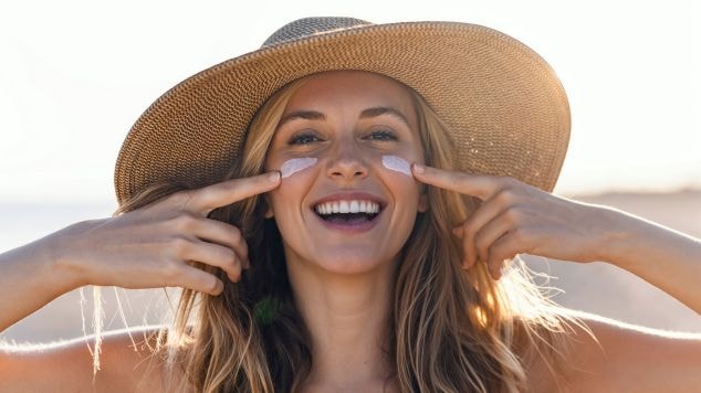 Mulher caucasiana sorridente na praia aplica protetor solar facial no rosto