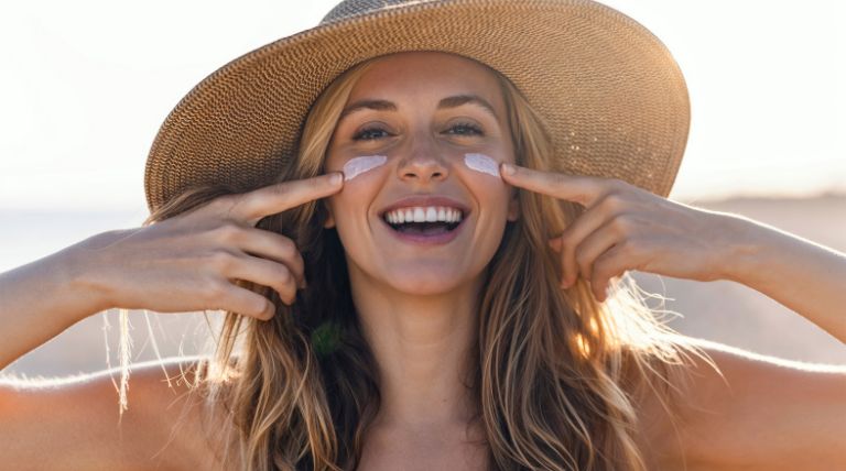Mulher loira com chapéu na praia usa protetor solar facial para proteger sua pele.