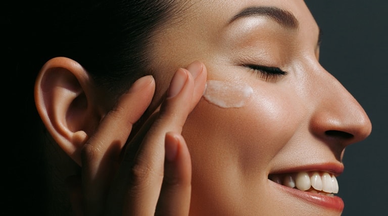 Mulher com a pele radiante aplica hidratante de vitamina c com ácido hialurônico