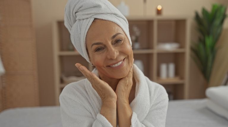 Senhora sorridente aplica um creme hidratante facial para hidratar a pele do rosto