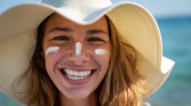 Mulher caucasiana aplica o protetor solar facial para manter a pele iluminada e protegida.