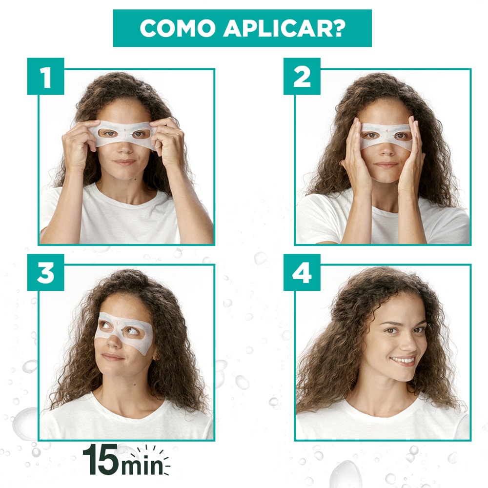 Imagem demonstrando como aplicar a Máscara para os olhos com Água de Coco Garnier Hidra Bomb | Garnier